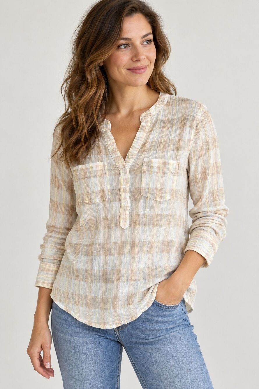 Carve Designs Dylan Gauze Shirt Womens M Organic Cotton Plaid Henley Ivory